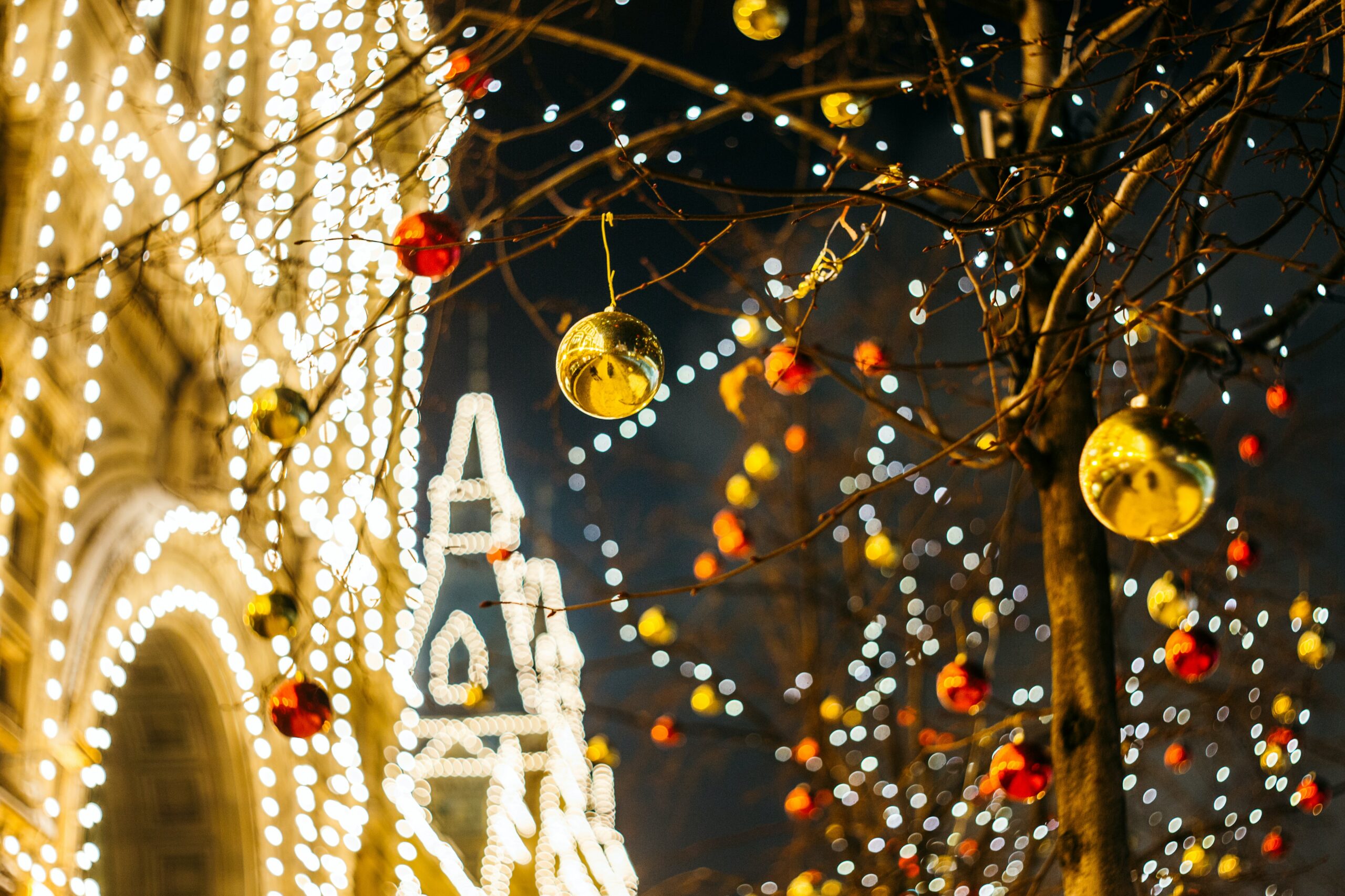Christmas Lights and ornaments decorating a city street
